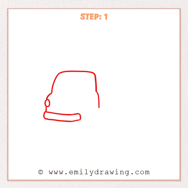 how to draw a dump truck - Step 1 shows the basic dump truck cab outline with a small front wheel circle and a thick rounded front bumper sketched in.